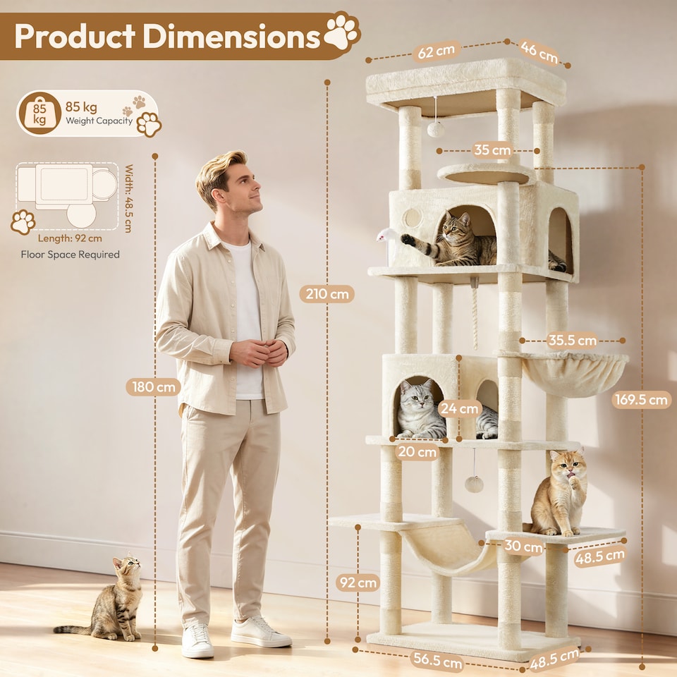image 1 of Yaheetech 210cm Multi-Level Cat Tree with Large Top Perch, 2 Cat Condos, Hammock & Basket, Sisal Scratching Posts, Heavy Duty Cat Tower for Indoor Cats, Beige