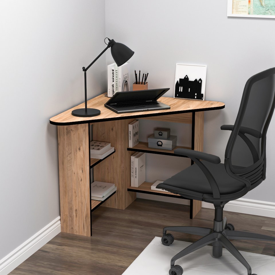 image 1 of Corner Computer Desk with Shelves | Orange | Atlantic Pine & Black | 1