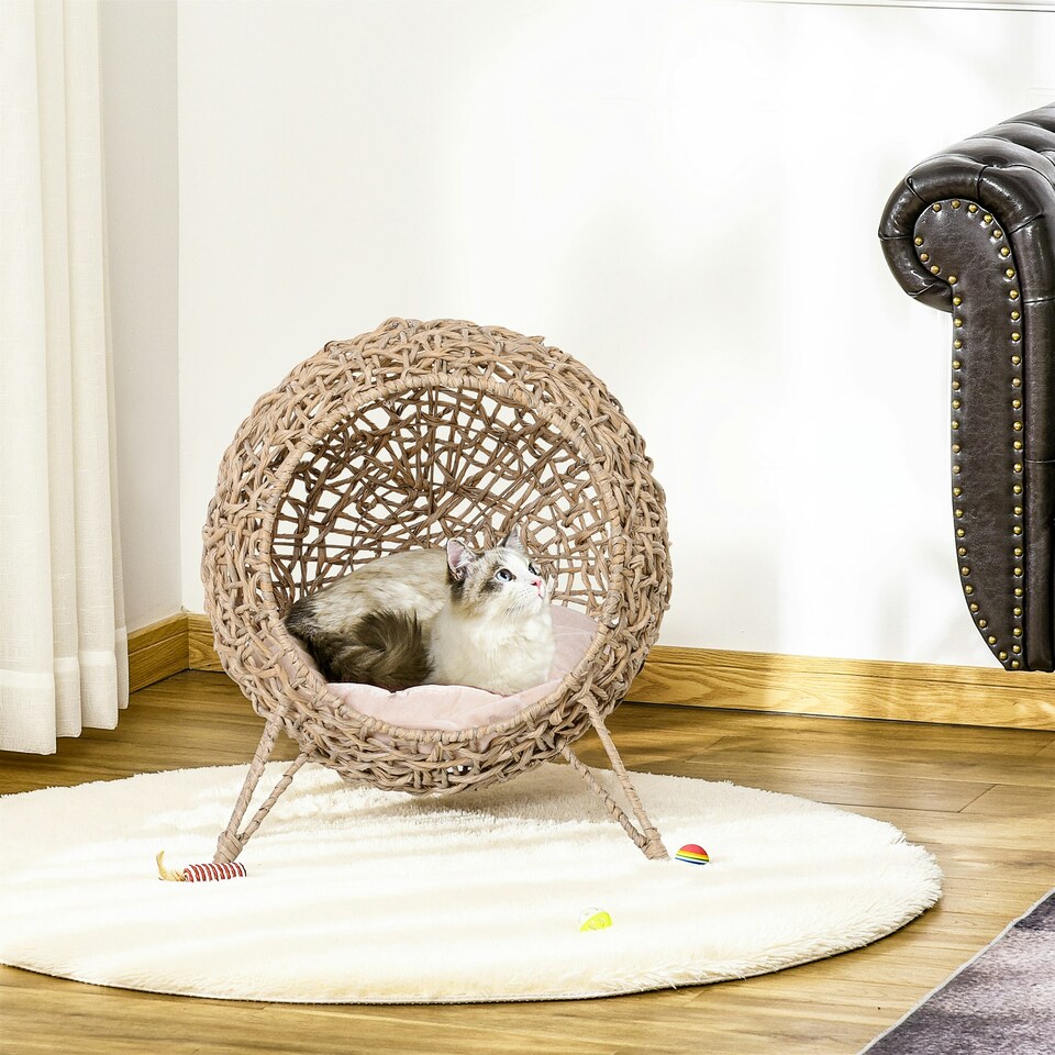 image 1 of PawHut Wicker Cat House, Ball-Shaped Rattan Raised Cat Bed - Natural Wood Finish
