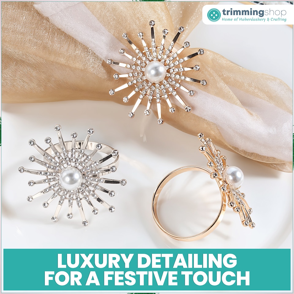 image 1 of 1pc Sunburst Motif Pearl Napkin Rings with Diamante Rhinestones
