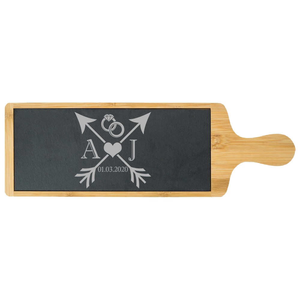 Personalised Engraved Bamboo and Slate Cheeseboard with Wedding Design