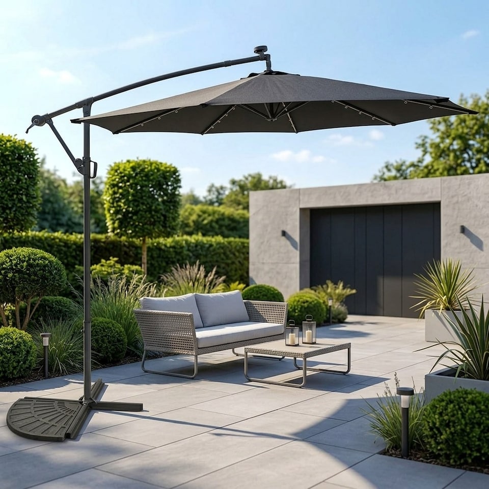 double patio umbrella tilt Outsunny Double-sided Outdoor Patio Umbrella with Solar Lights and Base Dining Table Umbrella Push Button Tilt Coffee one_size