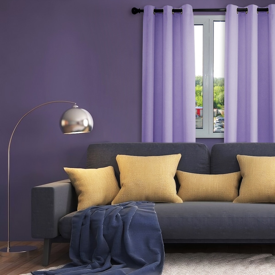 image 1 of Lilac Eyelet Curtains - Thermal Blackout Curtains - 46 x 63 Inch Drop - 2 Panel | Purple | One Size