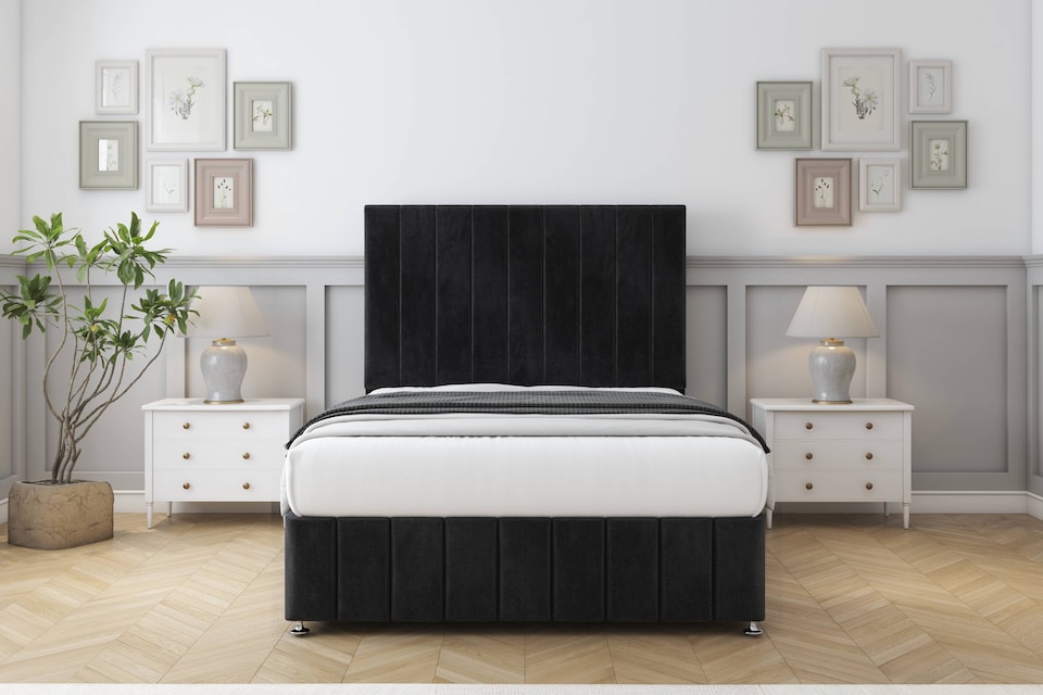 image 1 of Sloomy California Black Naples Divan Bed Base 2 Drawers Left Side With 54 Inch Floor Standing Headboard & 12 Inch Matching Footboard | Black | Black | Small Double | 1