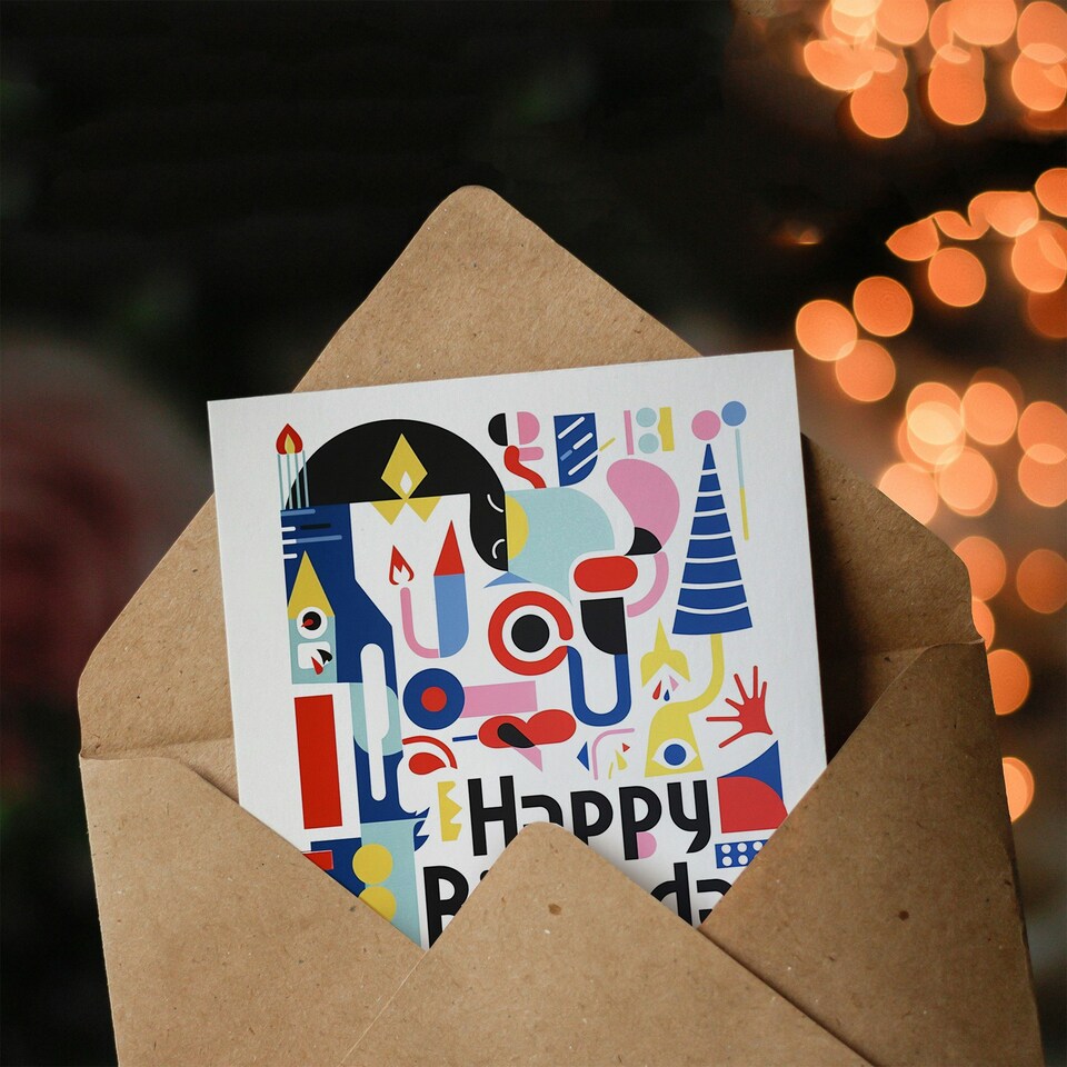 image 1 of Modern Abstract Party Hat Candles Fun Shapes Him Birthday Card