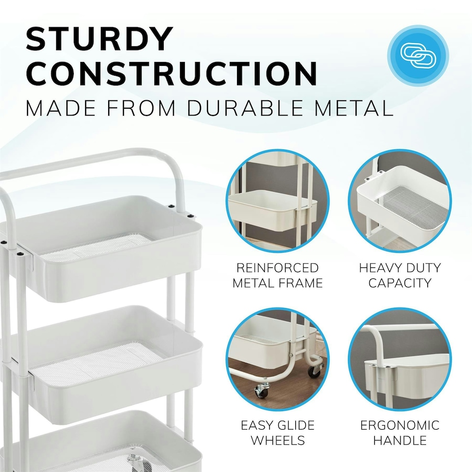 image 1 of 3 Tier Storage Cart On Wheels Home Kitchen Office Bath-Bedroom Organiser White White