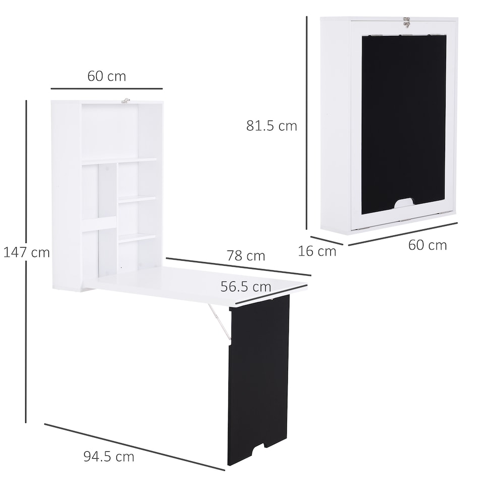 image 1 of HOMCOM Folding Wall-Mounted Drop-Leaf Table w/Chalkboard Shelf