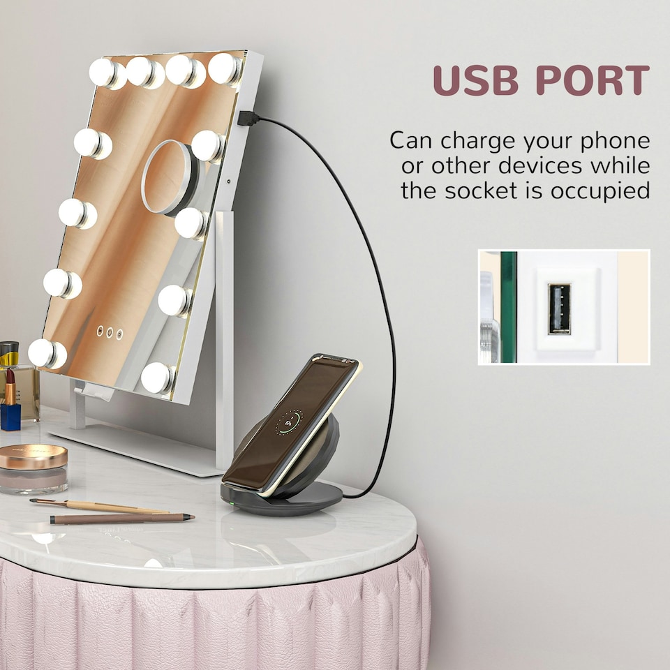 image 1 of HOMCOM Hollywood Vanity Mirror with Lights, 3746 cm Lighted Makeup Mirror with 3 Colour, 12 LED Bulbs, 10 Magnifying, USB Charging Port, Phone Holder