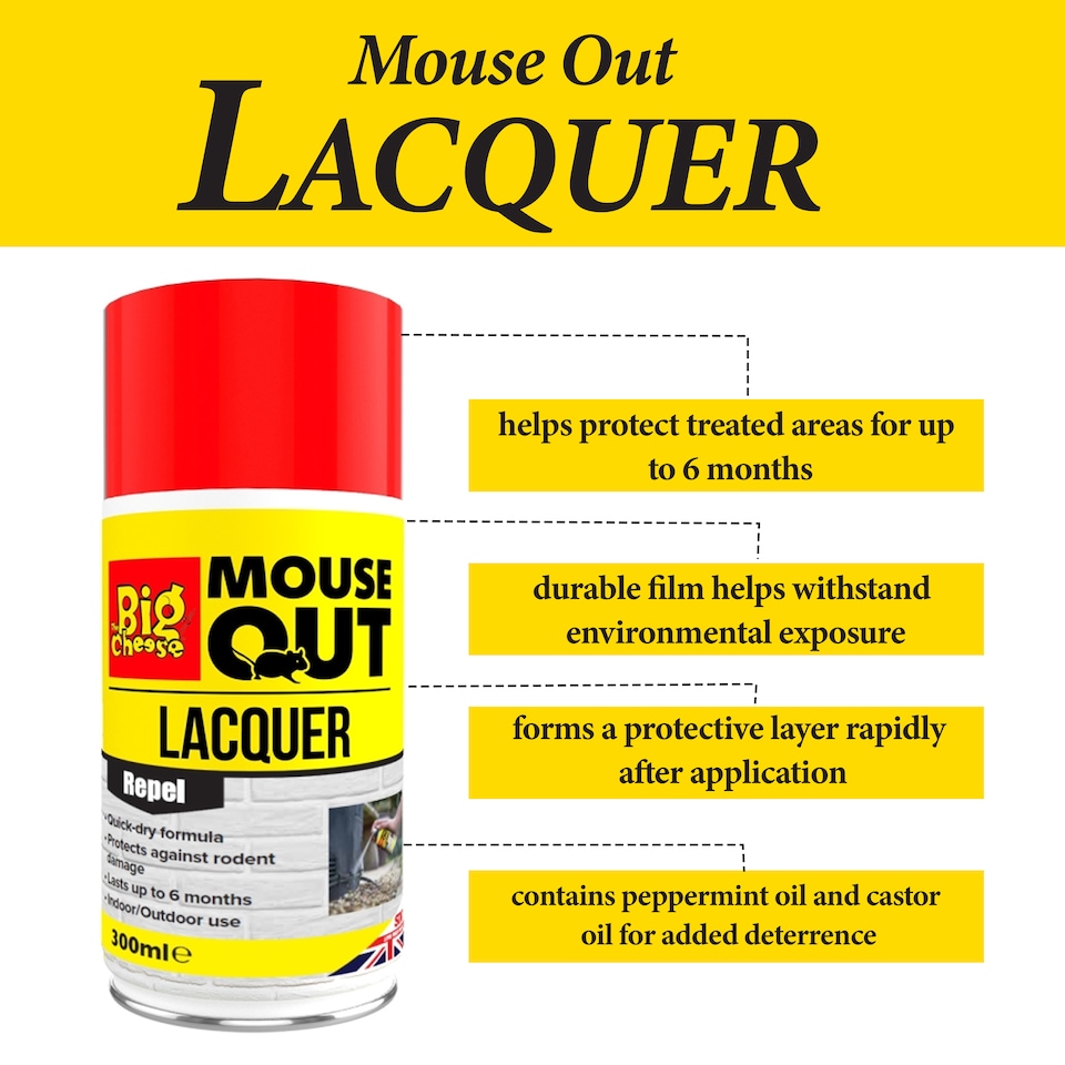 image 1 of The Big Cheese Mouse Out Lacquer 300ml Aerosol Quick Dry Rodent Repellent Protective Spray