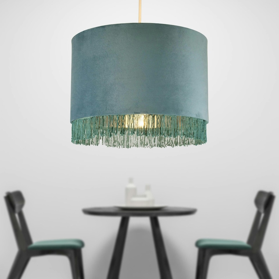 image 1 of First Choice Lighting Set of 2 Teal Velvet With Chrome Inner Tassled Light Shades Green | Chrome
