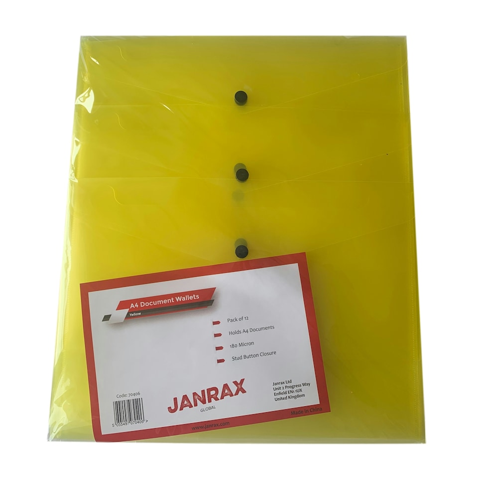 image 1 of Pack of 12 Janrax A4 Yellow Document Wallets - Button Stud Folder