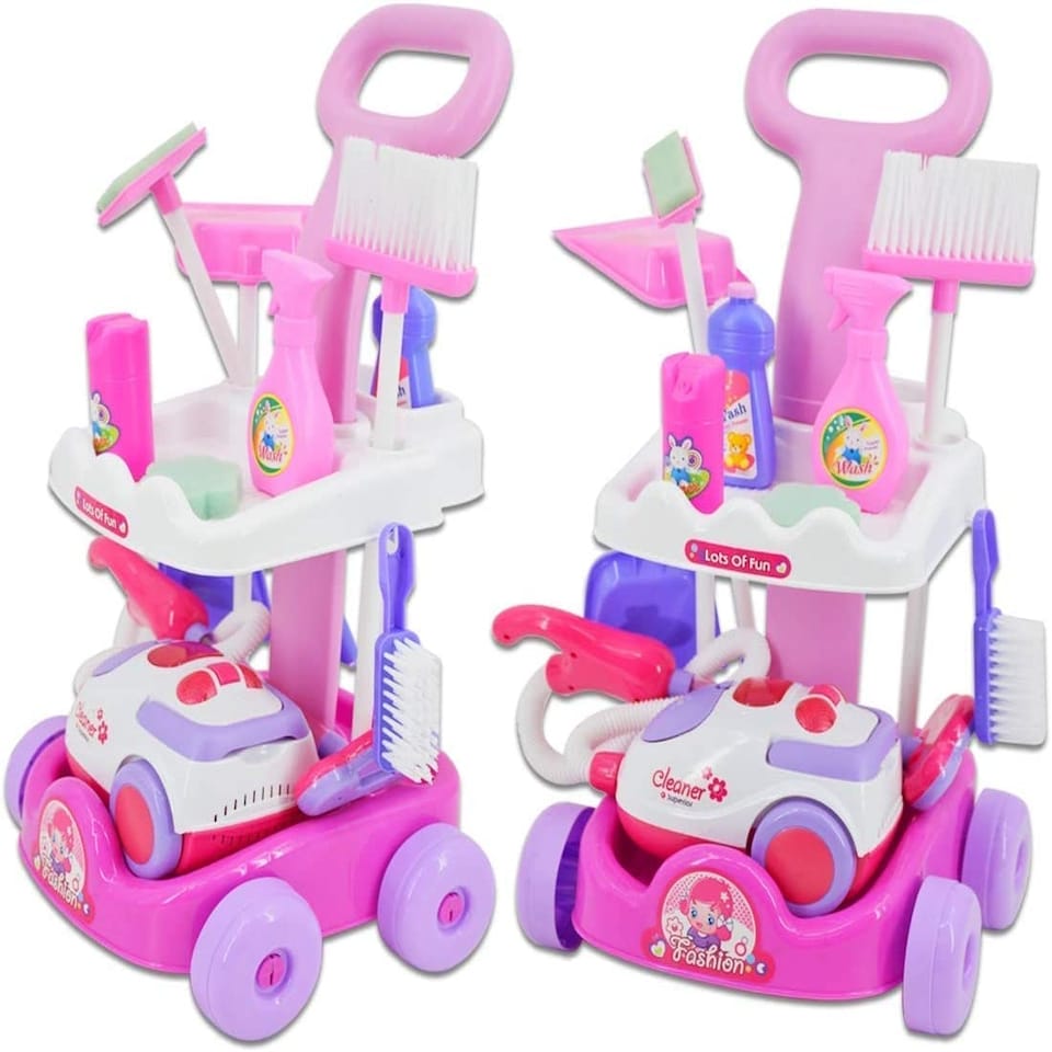 image 1 of Housekeeping Cleaning Trolley Playset with Working Vacuum & Accessories – Kids Role Play Cleaning Set