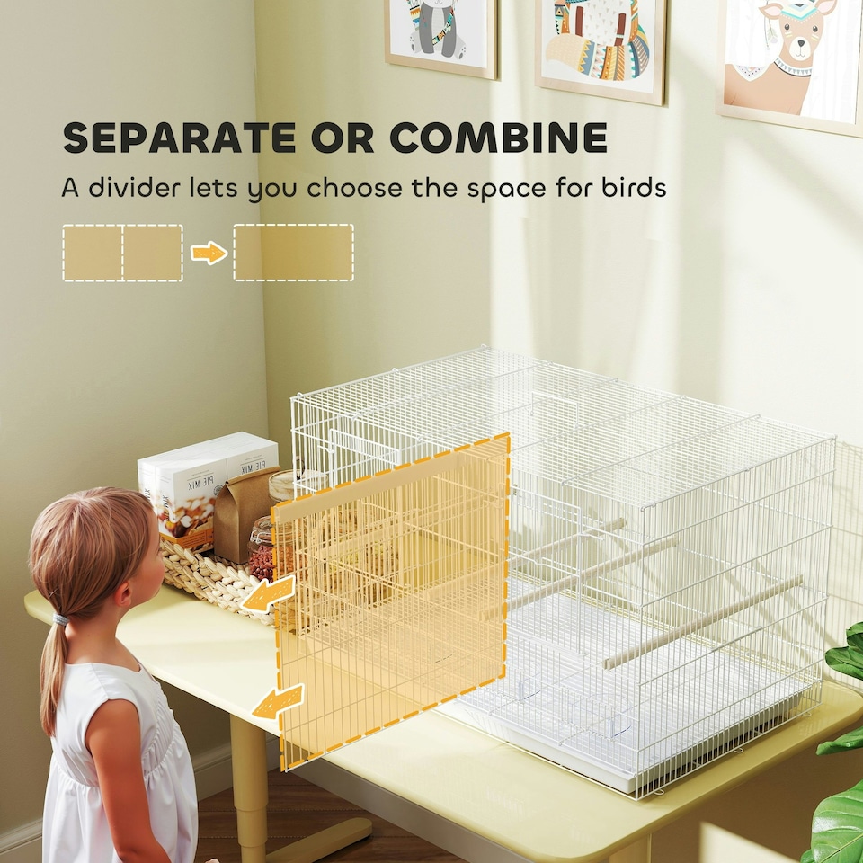 image 1 of PawHut Bird Cage with Divider, 4 Wooden Perches, Slide Out Tray, White