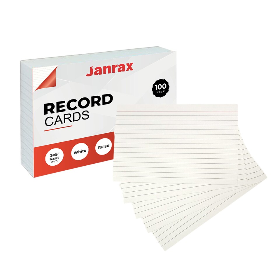 image 1 of Pack of 100 White Ruled 5x3inch Record Cards - Lined Study Index Cards for Notes, Revision