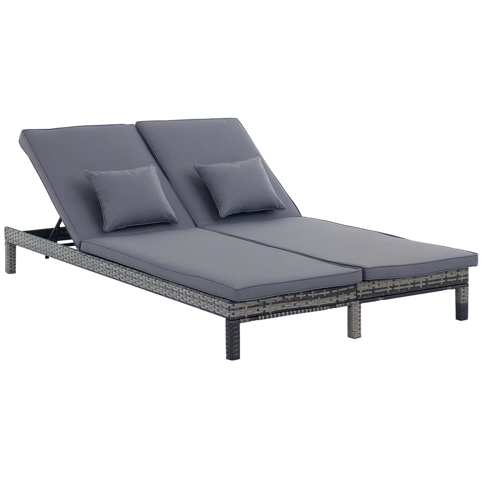 image 1 of Outsunny 2 Person Rattan Lounger Adjustable Double Chaise Chair w/ Cushion Grey