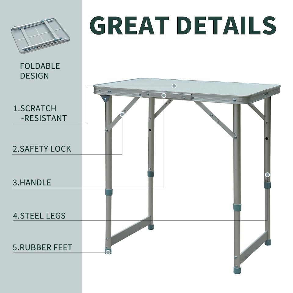 image 1 of Outsunny 2FT Garden Outdoor Camping Table Portable Folding Picnic Table Aluminium Frame with Adjustable Height 60L x 45W x 64H cm