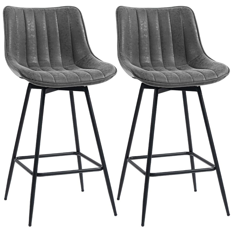 image 1 of HOMCOM Bar Stools Set of 2, PU Leather Upholstered Swivel Barstools, Breakfast Bar Chairs with Backrest and Footrest for Kitchen Island Counter, Dining Room, Grey | Grey | Grey
