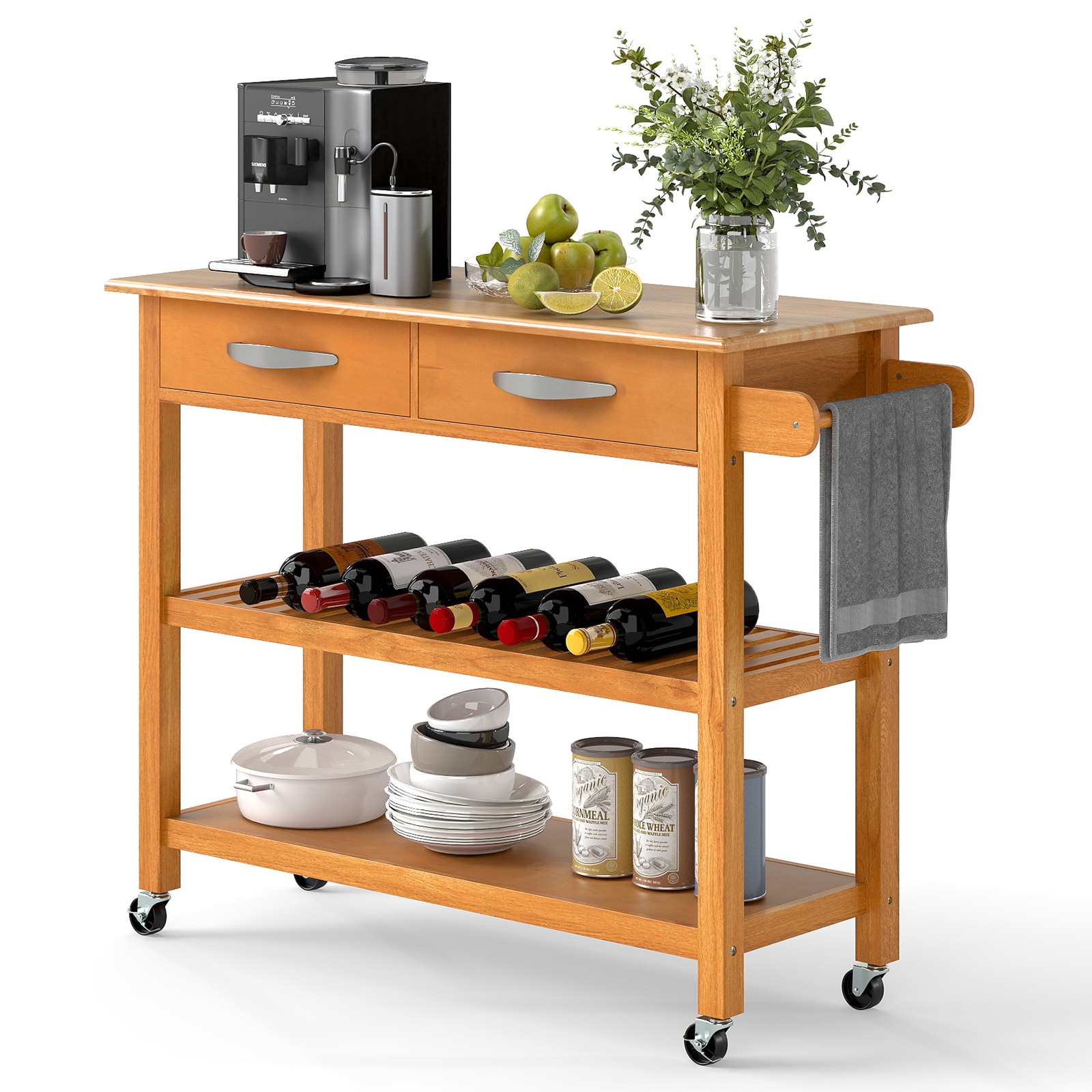 Casart Kitchen Island 3-tier Rolling Utility Cart With 2 Drawers-natural