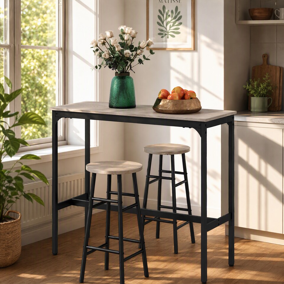 image 1 of HOMCOM 3 Piece Bar Set with 2 Stools, Industrial Kitchen and Chair Set Grey