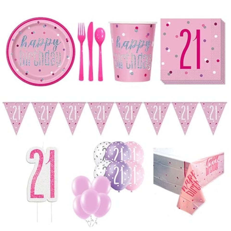 Pink Glitz 21st Birthday 16 Person Deluxe Party Pack