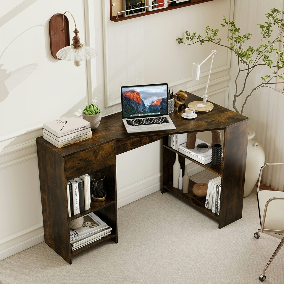 image 1 of COSTWAY L-Shaped Computer Desk Corner Table w/Storage Brown Brown