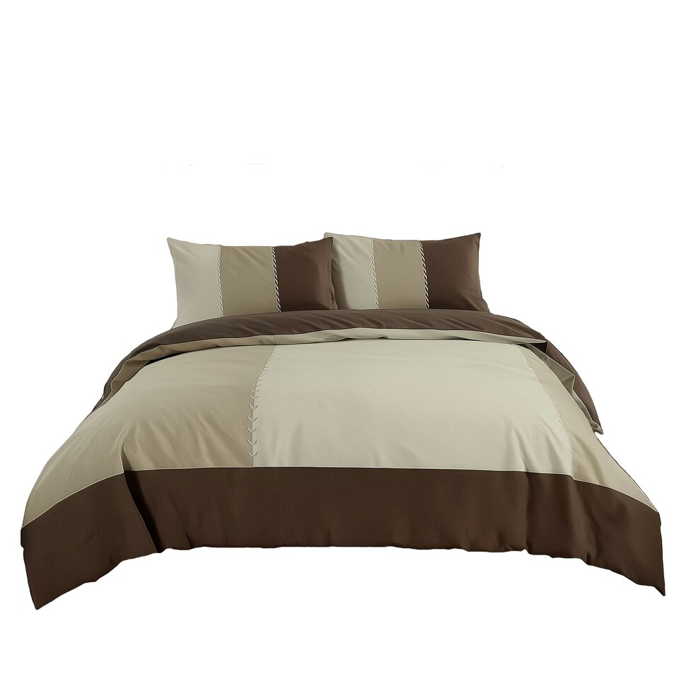 image 1 of Duvet Cover And Pillowcase Set Black Blue Chocolate Patchwork Design Polycotton Bed Linen Brown | Brown | Double