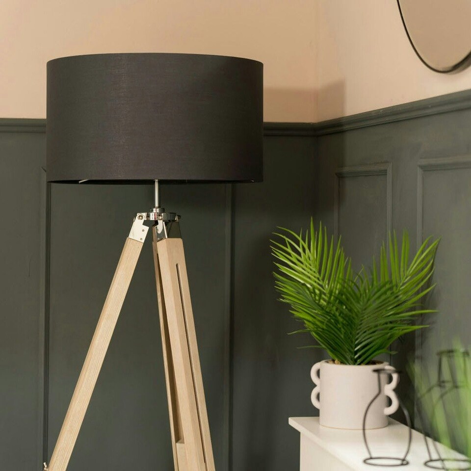 image 1 of ValueLights Clipper Distressed Wood and Silver Chrome Tripod Floor Lamp with Charcoal Grey Drum Shade