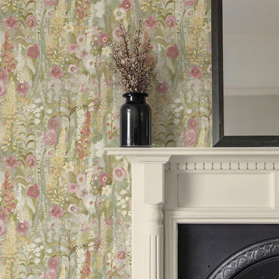 image 1 of Watercolour Floral Wallpaper Lupin Sage Green Pink Red Yellow Flower Home Decor