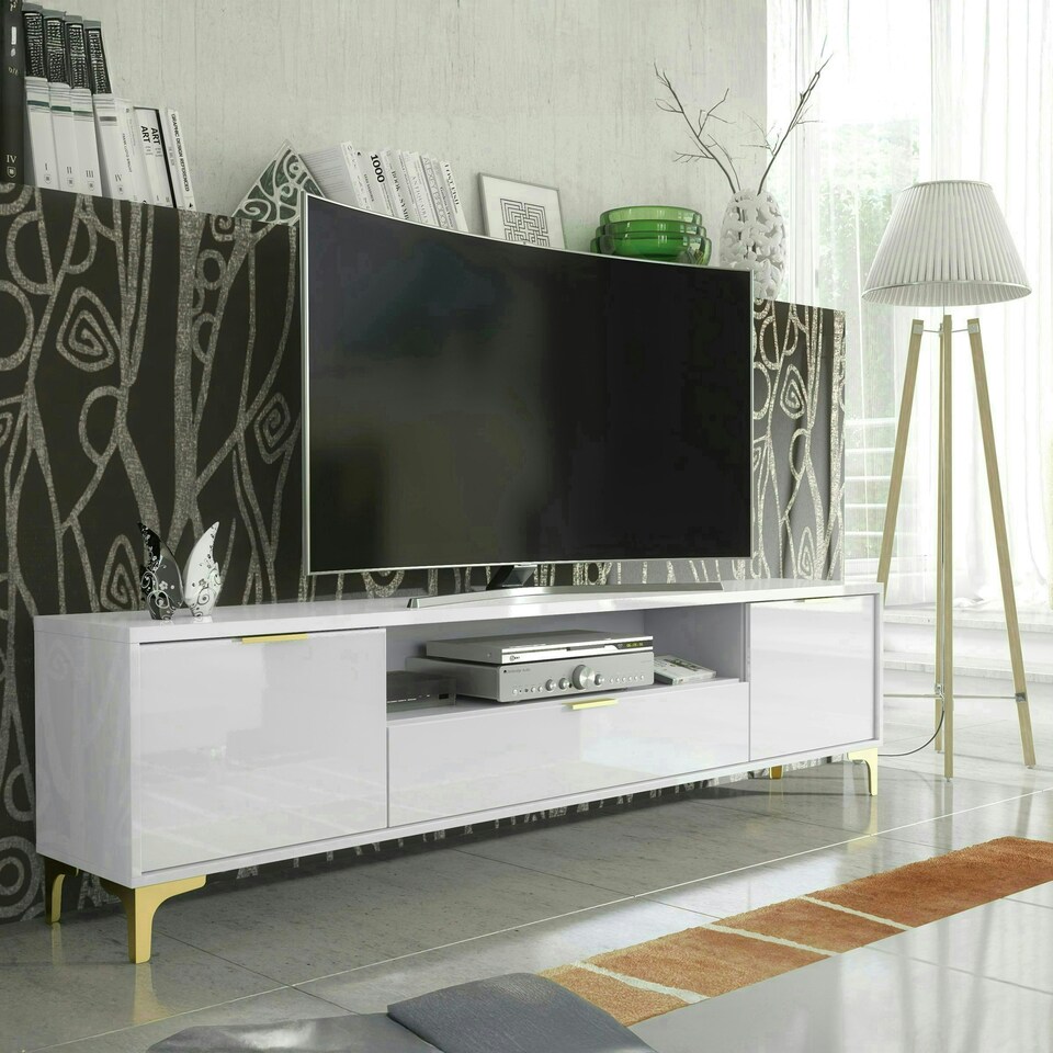 image 1 of TV Unit 200cm White High Gloss Doors with Gold Legs and Drawer White