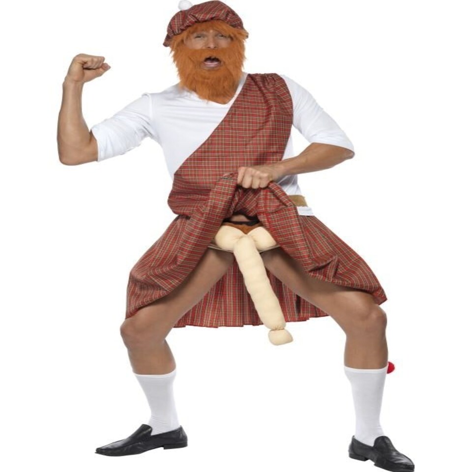 Well Hung Highlander Costume - Red - Hat - Beard - Top - Sash - Kilt - Sporran - Socks & Endowment - 20358M