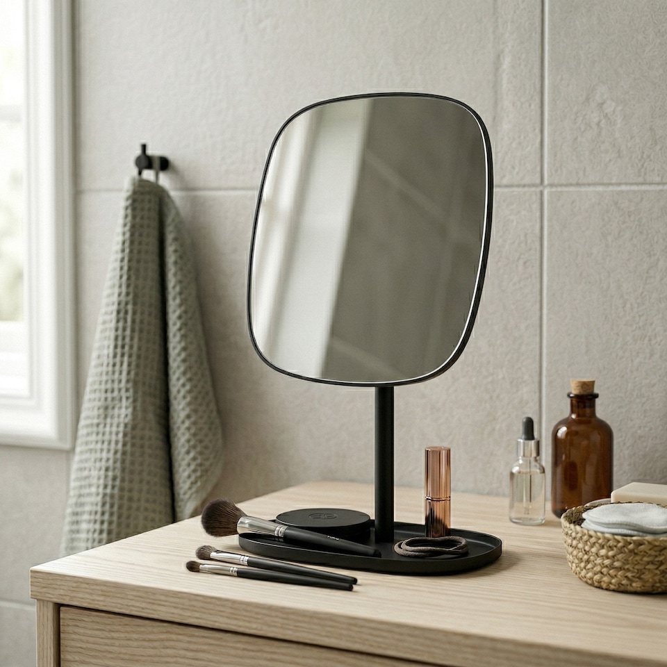image 1 of BESLAGSBODEN Matt Black Freestanding Bathroom Mirror with Storage Tray