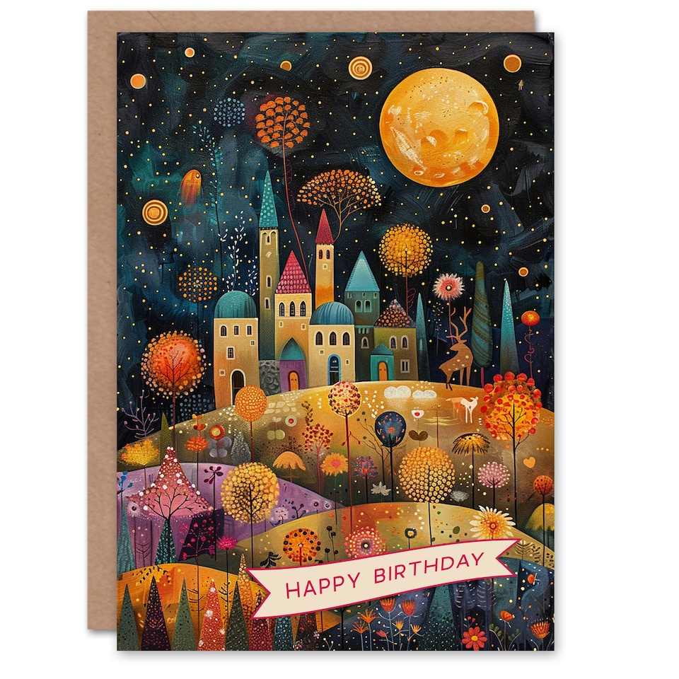 image 1 of Hilltop City Full Moon Stars Colourful Folk Her Birthday Card