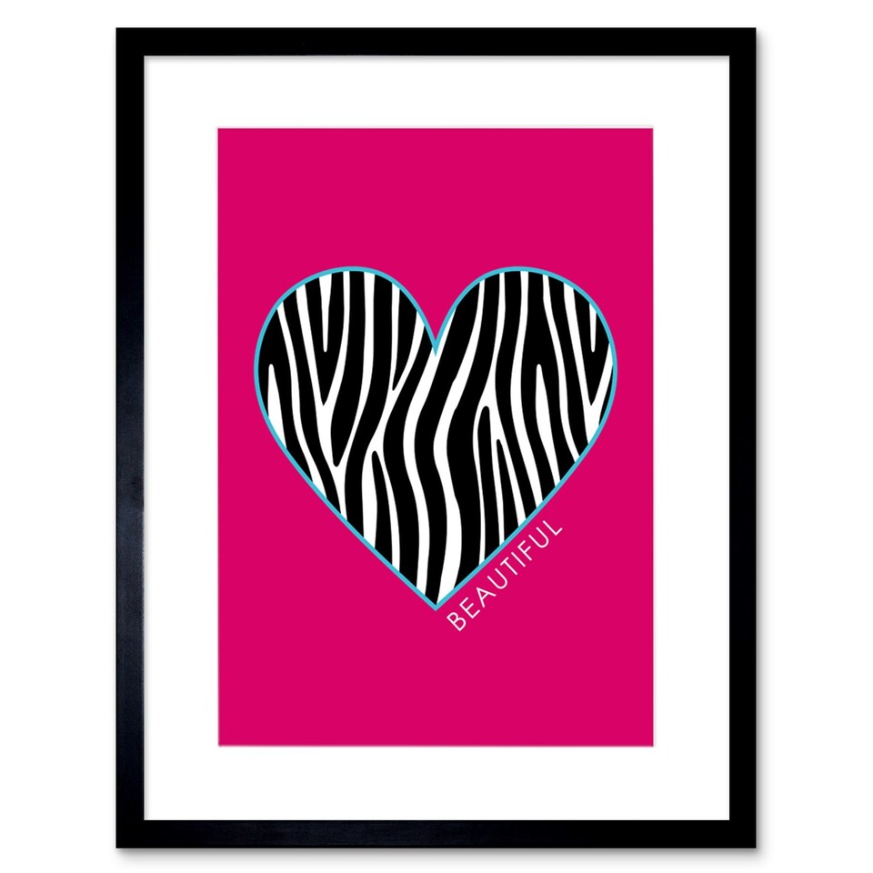 image 1 of Zebra Pattern Heart Beautiful Pink Design 9x7" Black Framed Wall Art Print