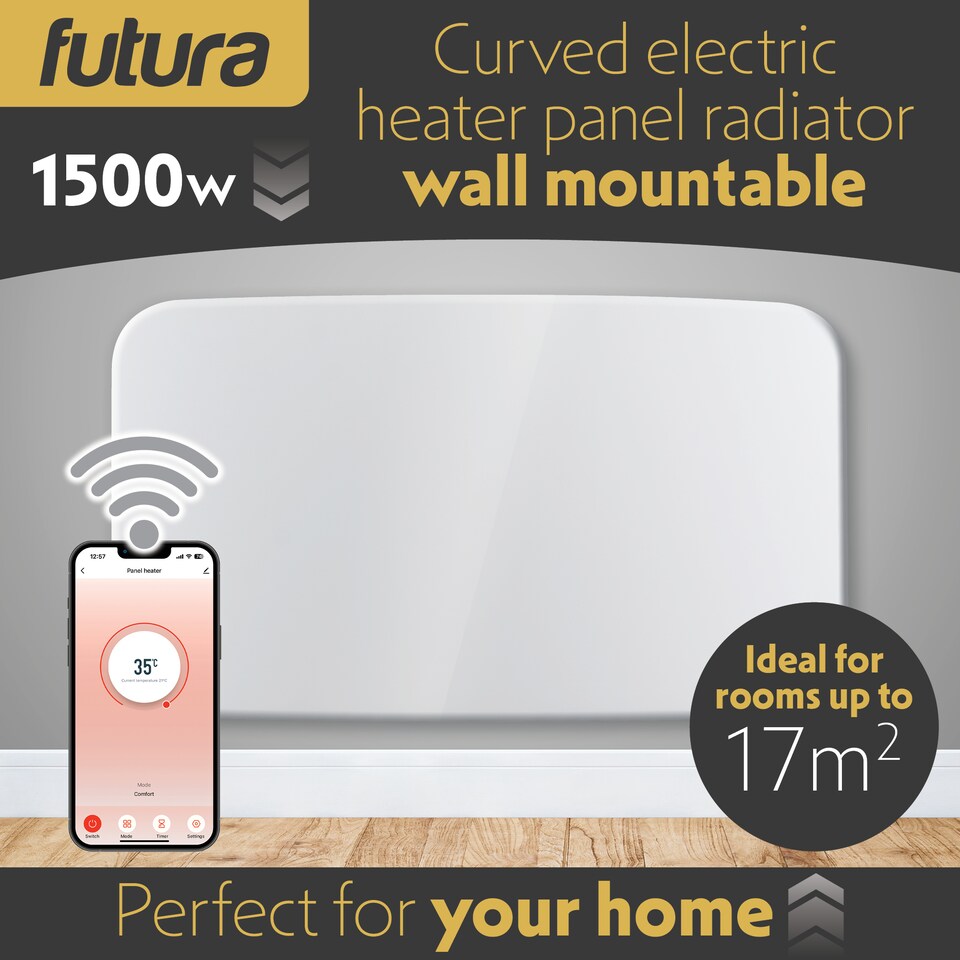 image 1 of Futura 1500W WIFI Curved Designer Electric Radiator Panel Heater White Wall Mounted with Timer and Thermostat