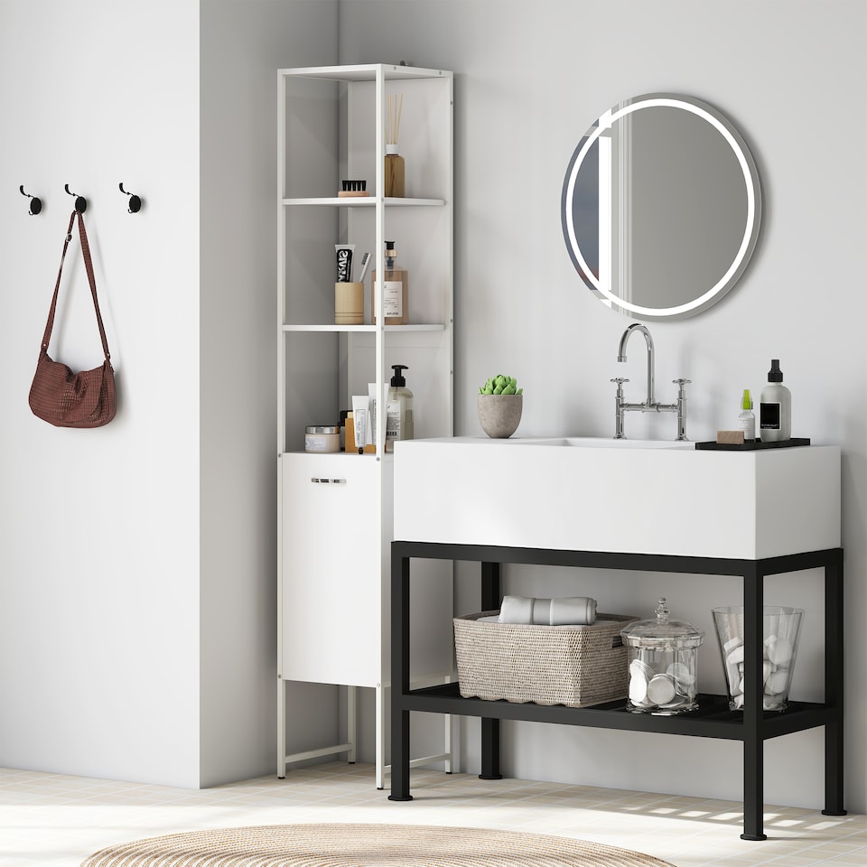 image 1 of HOMCOM Tall Bathroom Cabinet, Slim Bathroom Storage Cabinet with 3 Open Shelves and Adjustable Shelf, Freestanding Storage Cupboard, 33 x 33 x 185 cm, White