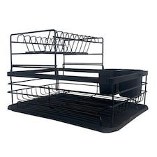 Oypla 2 Tier Multifunction Dish Drainer Drying Rack with Cutlery Holder and Removable Tray Black