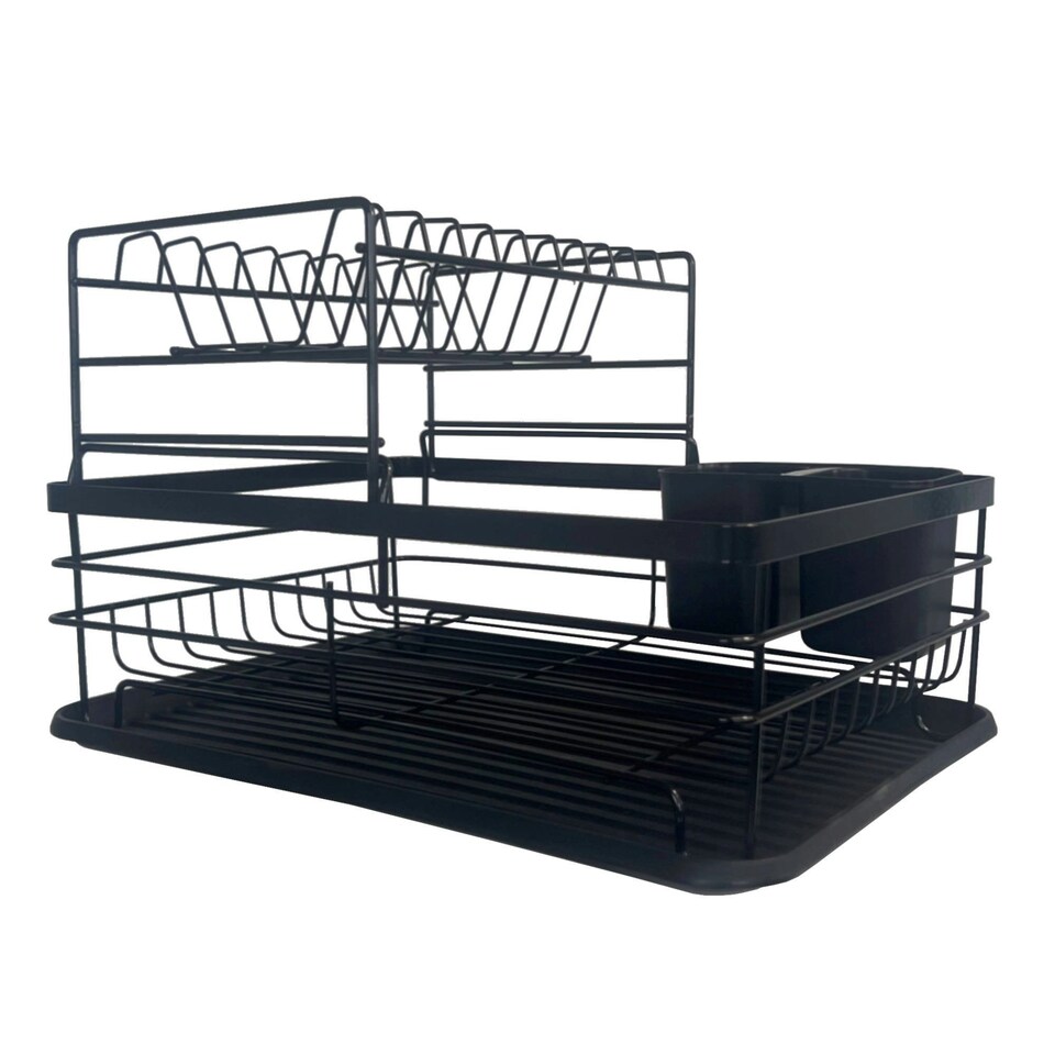 image 1 of Oypla 2 Tier Multifunction Dish Drainer Drying Rack with Cutlery Holder and Removable Tray Black