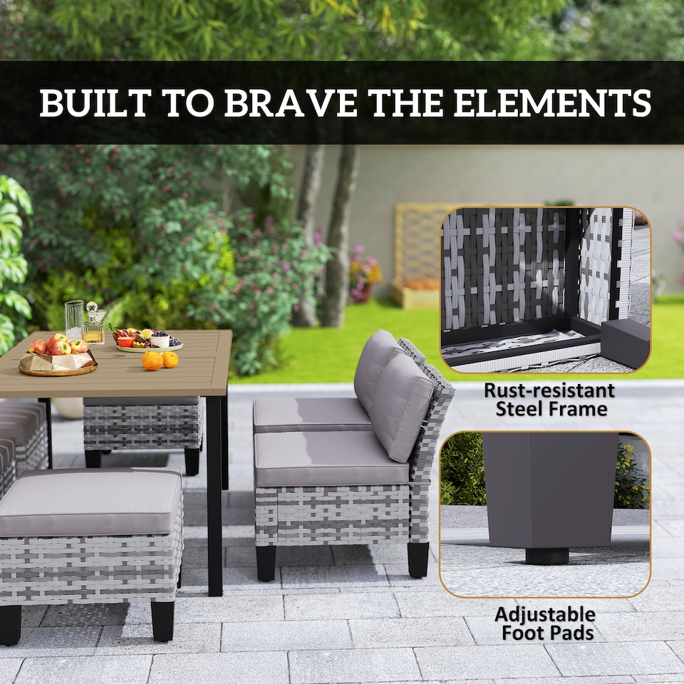 image 1 of Outsunny 7 PCS Rattan Garden Dining Set with Cushions, Umbrella Hole, Grey | Grey | Grey | 1