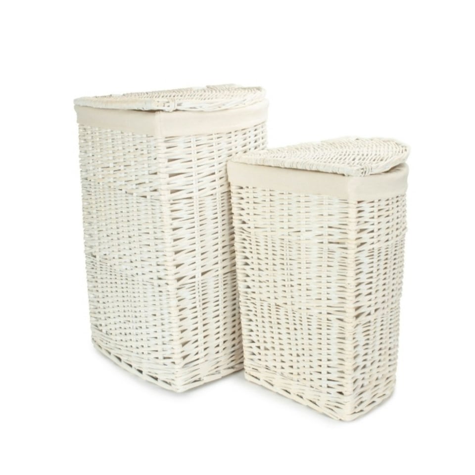 image 1 of Set of 2 Corner White Wash Wicker Laundry Basket with a Oatmeal Lining White | White