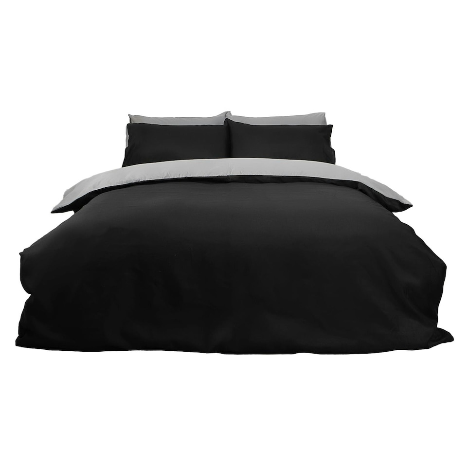 image 1 of OHS Plain Reversible Soft Microfibre Duvet Cover and Pillowcase Set, Single - Black/Grey