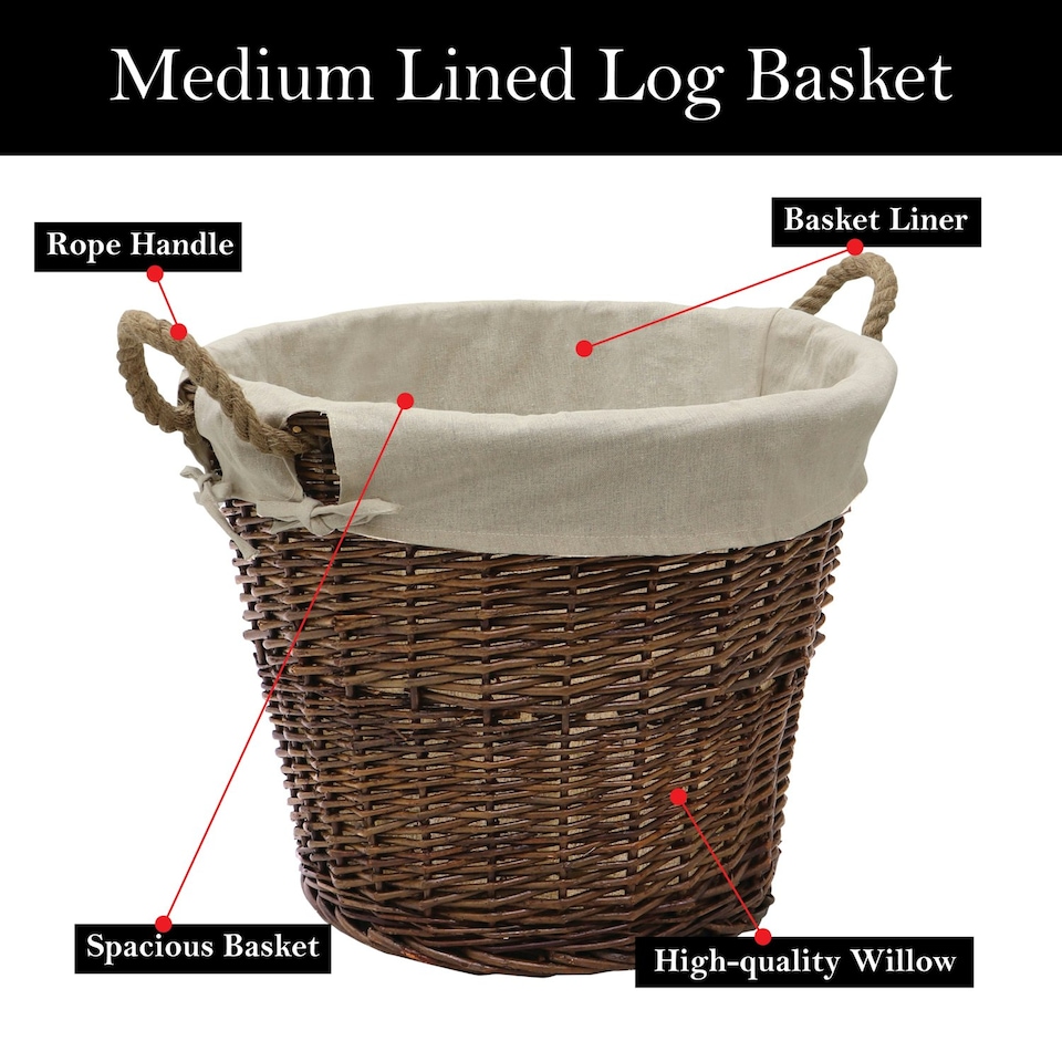 image 1 of JVL Willow Wicker Log Storage Basket with Rope Handles and Lining 50x40cm, Brown Brown