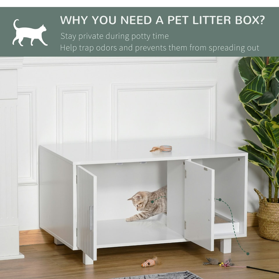 image 1 of PawHut Cat Litter Box Enclosure & House w/ Nightstand/End Table Design, White