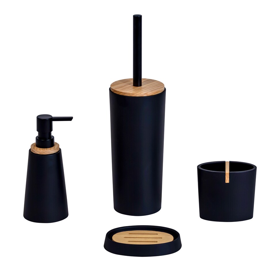 image 1 of Showerdrape Sonata Black & Bamboo 4 Piece Bathroom Accessory Set | Black | Black | 1