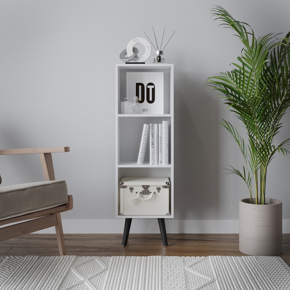 image 1 of 3-Tier Cube Display Cabinet with Scandinavian Legs | White | White & Black | 1