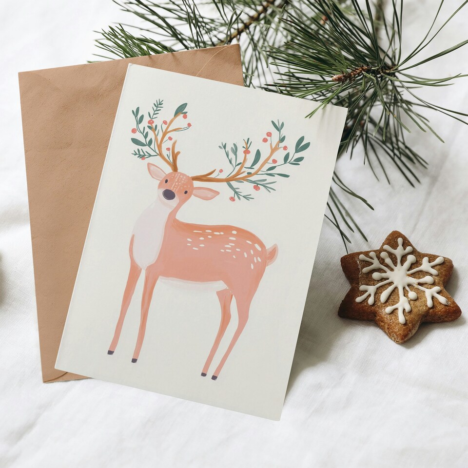image 1 of Greeting Card Cute Deer with Decorated Antlers Watercolour For Her Woman Xmas Christmas Card