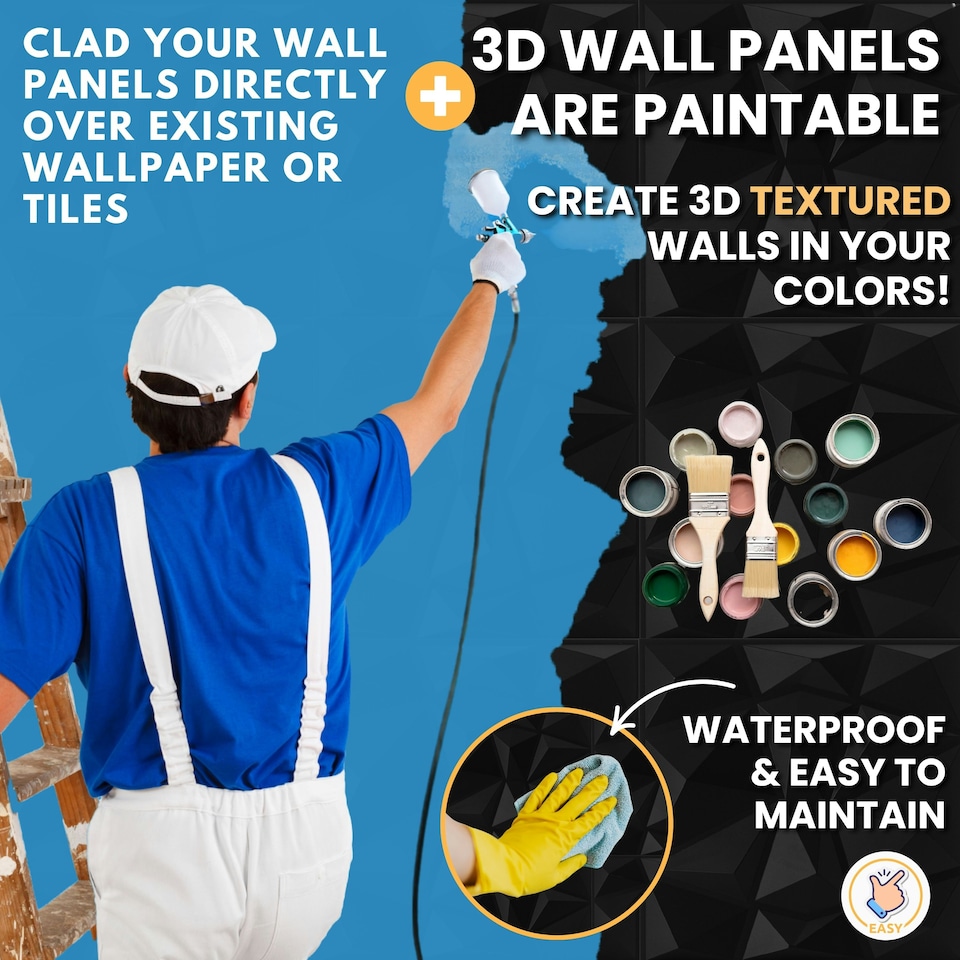 image 1 of NOVECRAFTO Geometric Diamond 3D Wall Panels – 6 Sheets Covering 1.5 sqm (16.15 sqft) – Matte PVC Cladding Panels 50x50cm Diamond Design Black
