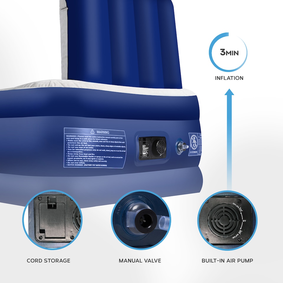 image 1 of Get Fit Air Bed With Built In Electric Pump - Premium Single Airbed - Quick Blow Up Bed With Headboard & Free Inflatable Pillow | Blue | Navy / White | 1