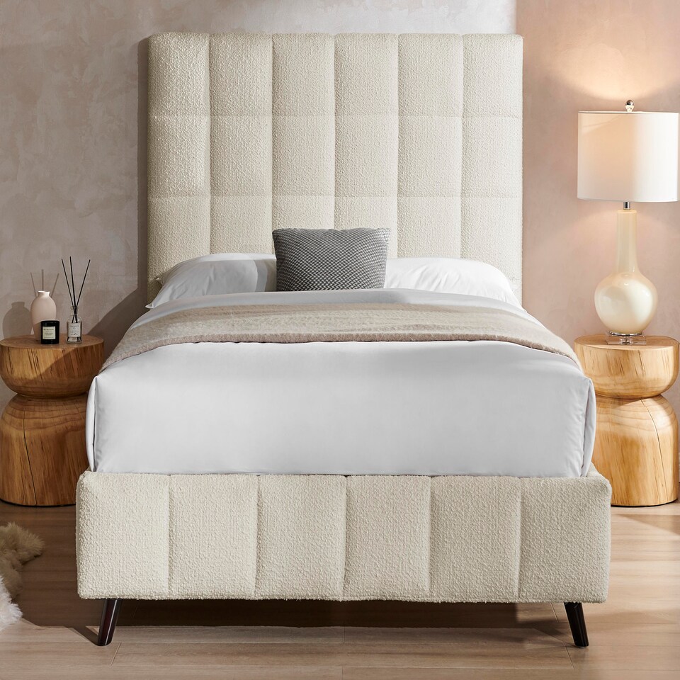 image 1 of 5ft King Size Ivory White,Tall Headend Headboard Soft Fabric Boucle Upholstered Bed Frame