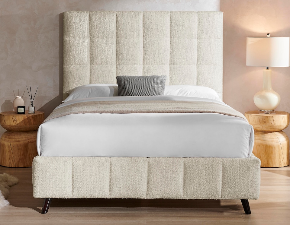 image 1 of 5ft King Size Ivory White,Tall Headend Headboard Soft Fabric Boucle Upholstered Bed Frame