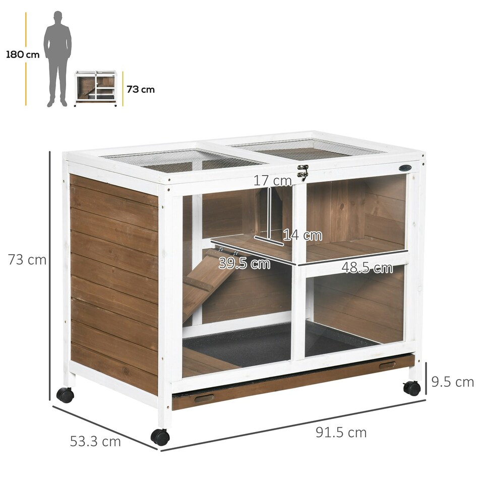 image 1 of PawHut Wood Rabbit Hutch Bunny Cage Pet House Indoor W/ Tray Ramp, Brown